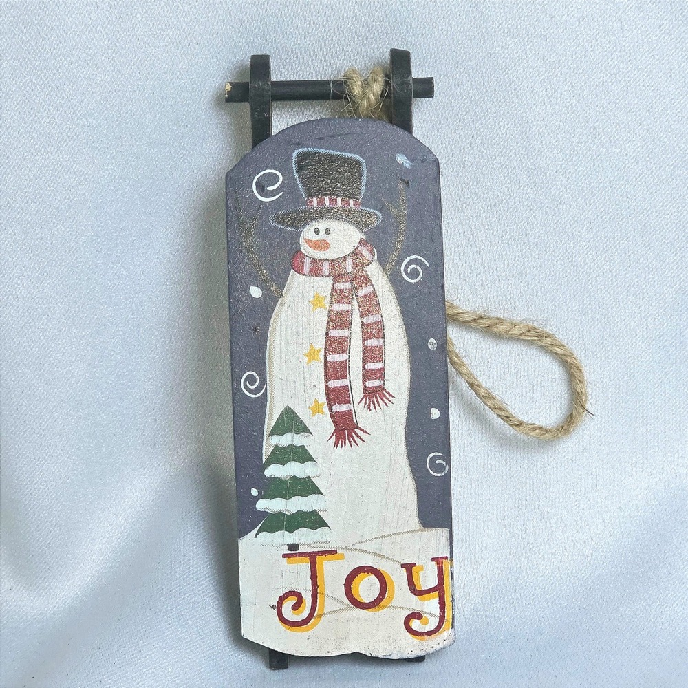 Rustic Wooden Sled Snowman Christmas Ornament Joy Folk Art Holiday Decor 3.5"